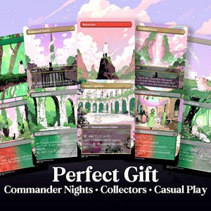 May include: A collection of illustrated trading cards with various landscape scenes in green, pink, and purple hues. The cards feature text such as "Forest", "Mountain", and "Temple Garden". The words "Perfect Gift" are displayed at the bottom.