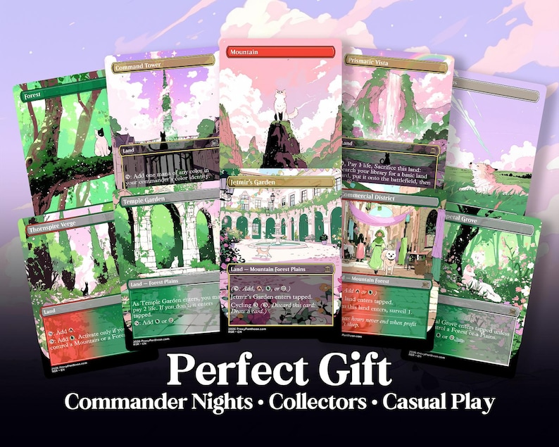 May include: A collection of illustrated trading cards with various landscape scenes in green, pink, and purple hues. The cards feature text such as "Forest", "Mountain", and "Temple Garden". The words "Perfect Gift" are displayed at the bottom.
