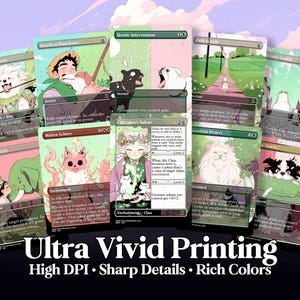 May include: A collection of illustrated trading cards with various fantasy art. The cards feature colorful artwork of animals and characters in a whimsical style. Text on the cards includes titles and game instructions. The image also includes the text "Ultra Vivid Printing, High DPI, Sharp Details, Rich Colors."