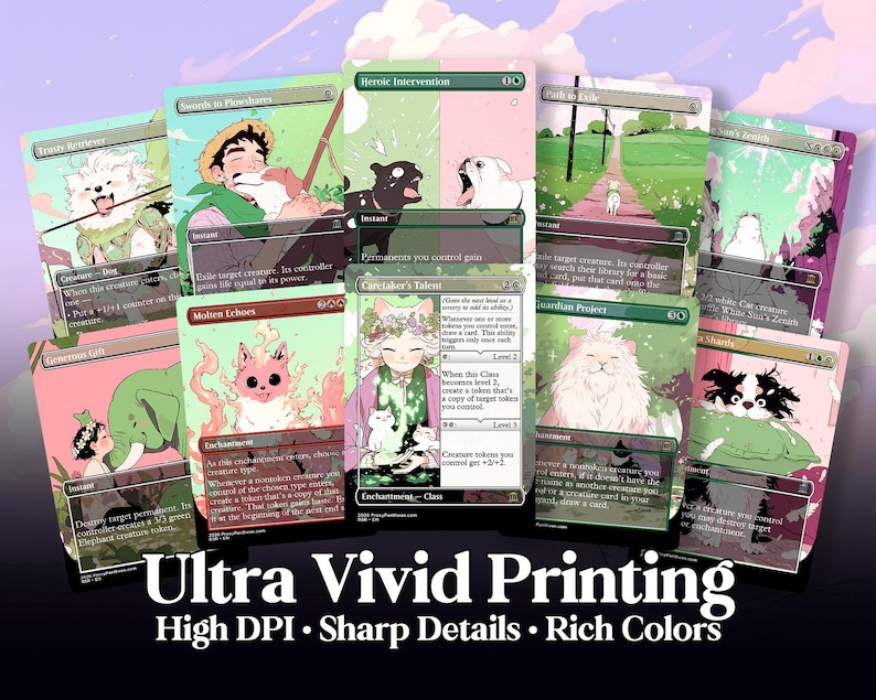 May include: A collection of illustrated trading cards with various fantasy art. The cards feature colorful artwork of animals and characters in a whimsical style. Text on the cards includes titles and game instructions. The image also includes the text "Ultra Vivid Printing, High DPI, Sharp Details, Rich Colors."