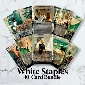 May include: A bundle of ten collectible trading cards with various fantasy art illustrations. The cards are arranged in a fan shape, with the text "White Staples 10-Card Bundle" at the bottom. The cards feature a variety of colors and designs.