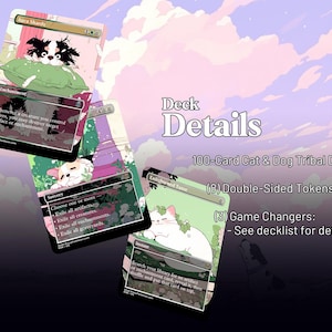 May include: A collection of custom illustrated trading cards featuring cats and dogs. The cards have a pastel color scheme and include the text "Aura Shards", "Enchantment", "Sorcery", and "Enlightened Tutor". The text "Deck Details" is also visible.