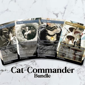 May include: A bundle of four Magic: The Gathering cards featuring cat illustrations. The cards include "Swiftfoot Boots," "Sol Ring," "Arcane Signet," and "Command Tower." The text "Cat-Commander Bundle" is at the bottom.