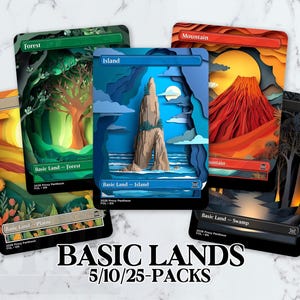 May include: A collection of five illustrated Basic Lands cards featuring landscapes: Plains, Forest, Island, Mountain, and Swamp. Each card showcases a unique paper-cut style design with vibrant colors and the text "Basic Lands" and "5/10/25-PACKS".