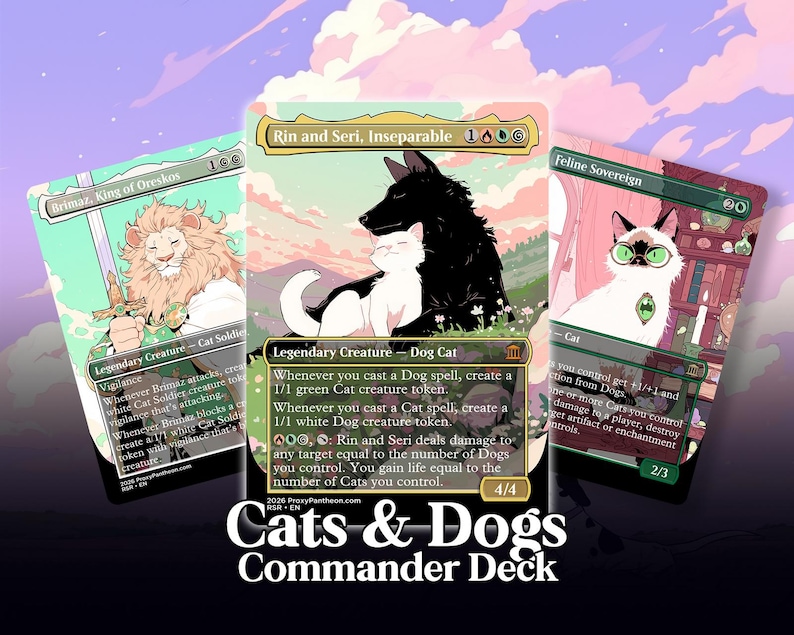 May include: Three Magic: The Gathering cards from the "Cats & Dogs Commander Deck" are displayed. The cards feature illustrations of a lion, a black dog with a white cat, and a cat wearing glasses. The text "Cats & Dogs Commander Deck" is at the bottom.