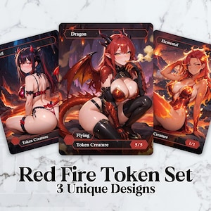 Könnte beinhalten: Ein Set aus drei rechteckigen Spielkarten mit Anime-Illustrationen eines Teufels, eines Drachen und eines Elementarwesens. Jede Karte zeigt rote und orangefarbene feurige Hintergründe, Charakternamen sowie Spielstatistiken wie 5/5 und 1/1.