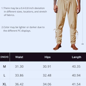 May include: Tan-colored pants with a high waist and button closure. The pants have gathered details at the waist and ankles, with ties at the ankles. A size chart shows waist, hips, and length measurements in inches.