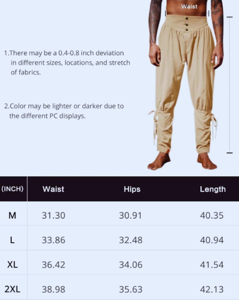 May include: Tan-colored pants with a high waist and button closure. The pants have gathered details at the waist and ankles, with ties at the ankles. A size chart shows waist, hips, and length measurements in inches.