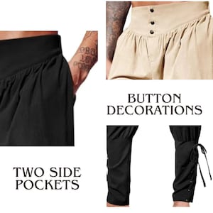 May include: Product details of a garment, including two side pockets, button decorations, and lace-up cuffs at the calf. The garment is shown in black and beige. The text "Product Details", "Button Decorations", "Two Side Pockets", and "Lace Up Cuffs At Calf" are also visible.