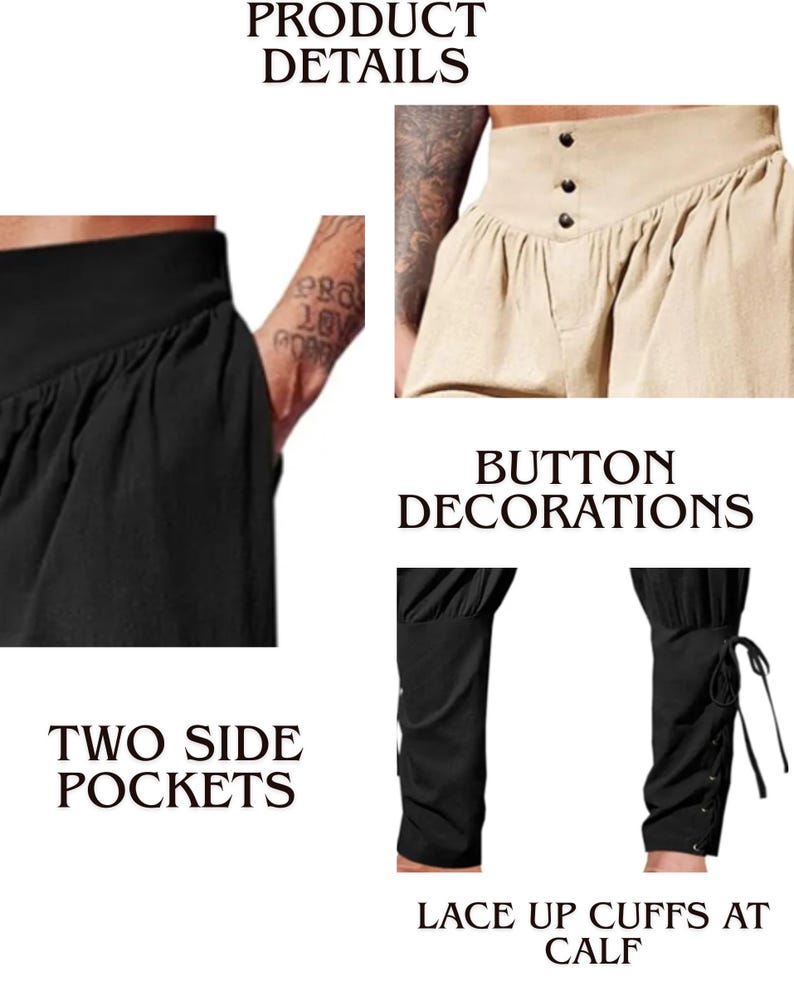 May include: Product details of a garment, including two side pockets, button decorations, and lace-up cuffs at the calf. The garment is shown in black and beige. The text "Product Details", "Button Decorations", "Two Side Pockets", and "Lace Up Cuffs At Calf" are also visible.