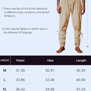 Peut inclure: Pantalon de couleur beige avec une taille haute et une fermeture boutonn&eacute;e. Le pantalon a un design fronc&eacute; &agrave; la taille et aux chevilles, avec des liens aux chevilles. L'image comprend un tableau des tailles avec des mesures en cm.