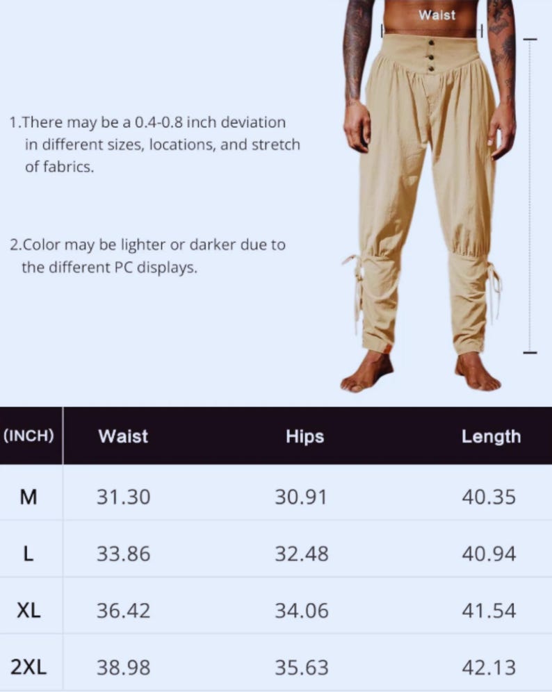 Peut inclure: Pantalon de couleur beige avec une taille haute et une fermeture boutonn&eacute;e. Le pantalon a un design fronc&eacute; &agrave; la taille et aux chevilles, avec des liens aux chevilles. L'image comprend un tableau des tailles avec des mesures en cm.