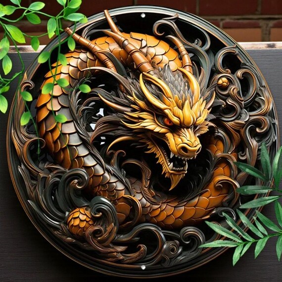 2D Dragon Wall Art Round Metal Sign Fantasy Medieval Decor Man Cave Gaming Room Home Office Garage Bar Decor for Men