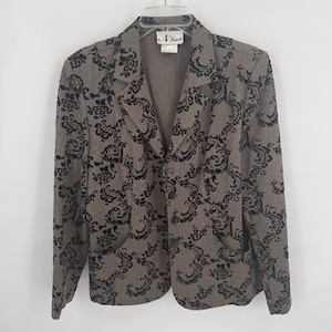 N Touch Damask Flocked Blazer Womens Size 12 Brown Herringbone Velvet Career