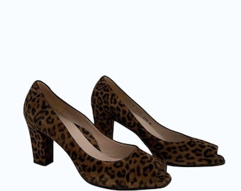 Taryn Rose Leopard Print Calf Hair Peep Toe Pumps Italy Leather Heels 36.5