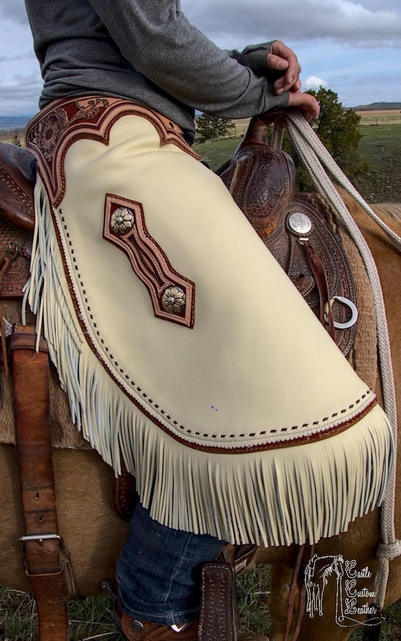 Hand-Tooled Leather Rodeo Chaps | Custom Western Chaps | Fringe Bull Riding Gear