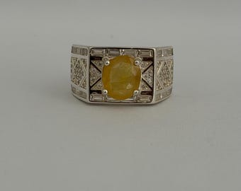 Pukraaj-ring heren sterlingzilver – natuurlijke gele saffier statement edelsteensieraden (EU 60)