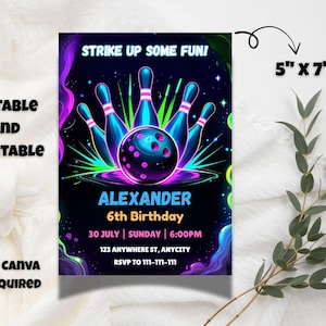 Neon Bowling Birthday Invitation: Editable Party Invite (Digital Download)