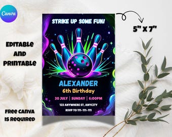 Neon Bowling-verjaardagsuitnodiging: bewerkbare feestuitnodiging (digitale download)