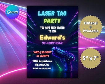 Neon lasergame verjaardagsuitnodiging, bewerkbare feestuitnodiging (digitale download)