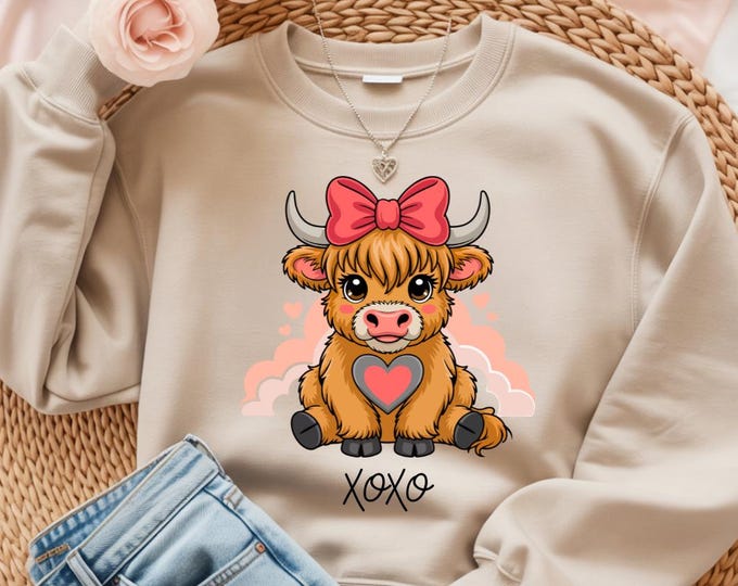 Highland Cow Heart Design Sweatshirt | Valentine's Day Cow Lover Top