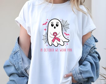 Pink Ribbon Ghost T-Shirt, Halloween Breast Cancer Awareness Tee