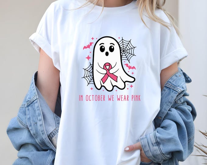 Pink Ribbon Ghost T-Shirt, Halloween Breast Cancer Awareness Tee