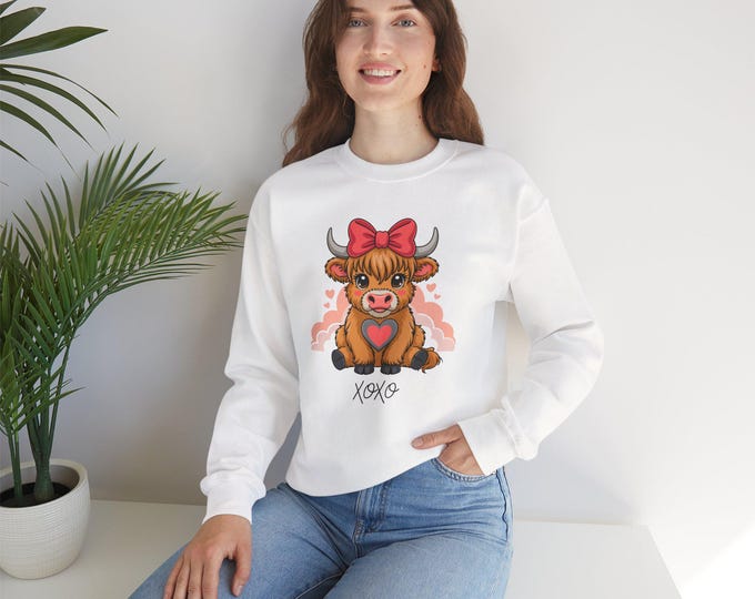 Cow with Bow Sweatshirt -Highland Calf XOXO Valentine's Crewneck