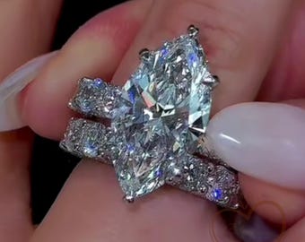 4 CT Marquise Cut Moissanite Wedding Bridal Set, 18K Solid Gold, Round Twisted Full Eternity Band, Engagement Vintage Ring Set Gift for Her