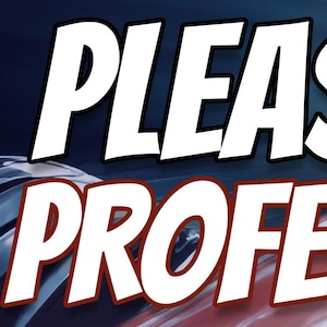 May include: A banner with the text "PLEASE BE PATIENT! PROFESSIONAL DRIVER" in white, outlined in red, against a blurred background of a race car. The text is in a bold, stylized font.