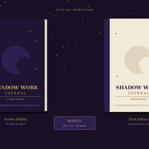 Könnte beinhalten: Digitaler Download von zwei Journalen mit dem Titel "Shadow Work Journal". Die Screen Edition ist für iPad und Tablet, und die Print Edition ist A4-Format. Beide zeigen ein Mond-Design und den Text "A guided journey into your shadow self."