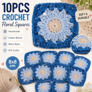 Könnte beinhalten: Zehn quadratische Häkelstücke mit Blumenmuster in Blau- und Beigetönen. Der Text lautet 10PCS CROCHET Floral Squares, SOFT & DURABLE, Handmade, Cotton Blend, Boho Style, DIY Crafts und 8x8 cm. Ein Garnknäuel und eine Häkelnadel sind zu sehen.