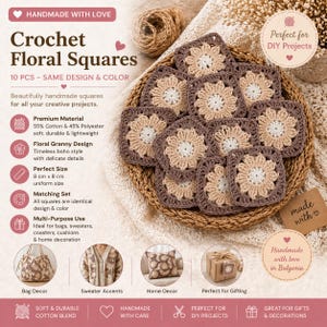 Handgehäkelte Blumenquadrate im Oma-Stil, 10er-Set, Häkelmotive aus Baumwollmischgewebe, Boho-DIY-Applikationen für Taschen, Pullover, Kissen und Dekoration