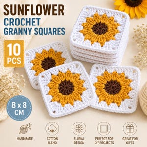 Op de afbeelding: Tien gehaakte granny squares met een zonnebloemmotief met een donkerbruin centrum en gele bloemblaadjes omringd door een witte rand. De vierkantjes meten 8 x 8 cm. De tekst luidt SUNFLOWER CROCHET GRANNY SQUARES, 10 PCS en 8 x 8 CM.