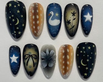 Handmade Celestial Swan Press On Nails | Moon, Stars, Bow & Flower Art | Almond Nails For Dreamy Night Sky Aesthetic