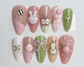 Handmade Kawaii Fruit Garden Press On Nails | 3D Bunny, Strawberry, Apple & Bow | Almond Nails For Coquette Aesthetic