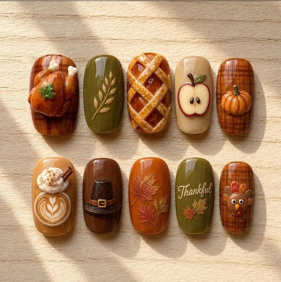 20 Thanksgiving Nail Ideas for a Festive Fall Manicure 6 Turkey and Apple Pie