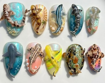 Paznokcie z nadrukiem Ocean Press On Nails / Paznokcie z motywem rekina / Paznokcie z motywem rekina oceanicznego / Sztuka życia morskiego 3D / Ręcznie robione luksusowe paznokcie z nadrukiem