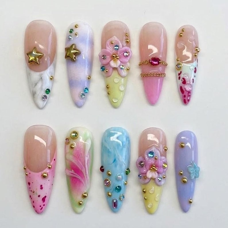 Handgjorda Y2K Fairycore Press On Naglar / Pastellfärgade 3D Blomnaglar / Kawaii Naglar / Coquette Nail Art bild 1