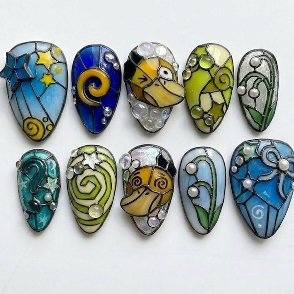Handmade Psyduck Stained Glass Press On Nails | Lily of the Valley & Pearl | Almond Nails For Artistic Retro Vibe