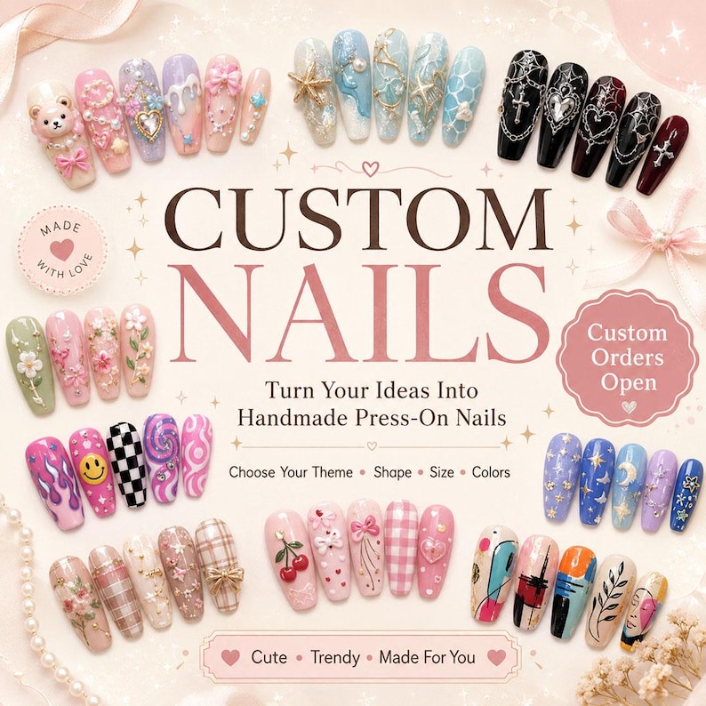 Benutzerdefinierte Press-On-Nägel / Handgefertigte Benutzerdefinierte Nägel / Personalisierte Gefälschte Nägel / Kawaii Nagelkunst / Made To Order Nägel Bild 1