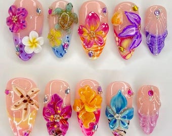Handgemachte 3D Blumen Nägel / Sommer Strand Nägel / Hibiskus Plumeria Design / Glänzendes Gel Press On Nägel / Luxus Nail Art