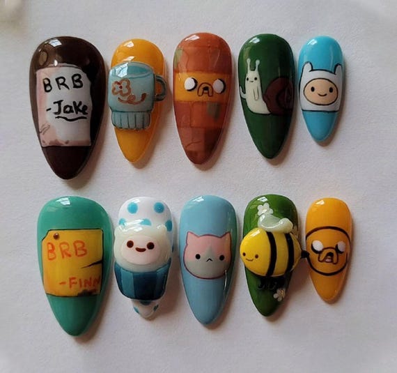 Handmade Cartoon Network Press On Nails | Finn, Jake & Cartoon Characters | Almond Nails For Kawaii Anime Aesthetic