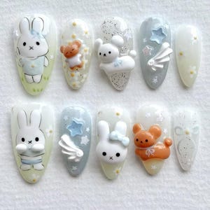 Handmade Kawaii Pastel Press On Nails |  Bunny & Bear 3D Charms | Cute Almond Nails For Soft Girl Aesthetic