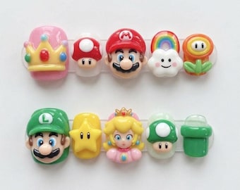 Handmade Super Mario Press On Nails | 3D Mario, Princess Peach & Star | Short Round Nails For Retro Nintendo Gamer Vibe