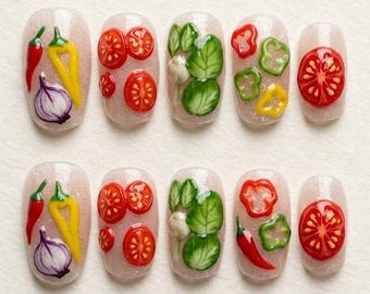 Handgefertigte Gemüse Nail Art / 3D Tomaten Paprika Nägel / Süße Food Thema Nägel / Einzigartige Press-On-Nägel / Buntes Spaß Design
