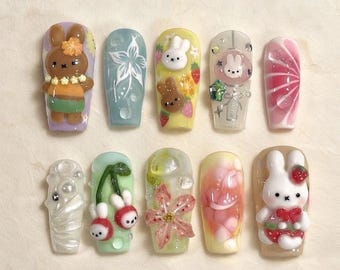 Miffy Press On Nails / Pastel Bunny Fruit Nails / Cute 3D Cherry Flower Nail Art / Kawaii Handmade Custom Fake Nail Gift Set For Her