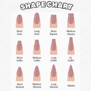 K&ouml;nnte beinhalten: Eine Nagelform-Tabelle mit zw&ouml;lf Illustrationen von malvenfarbenen Fingern&auml;geln in verschiedenen L&auml;ngen und Stilen, darunter ovale, quadratische, Sarg-, Mandel- und Stiletto-Formen, mit Textbeschriftungen f&uuml;r jeden Stil unter dem jeweiligen Nagel.