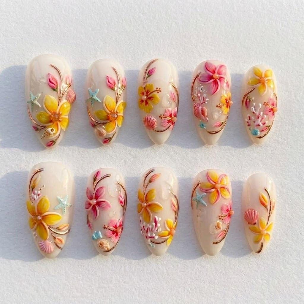 Handmade Tropical Flower Press On Nails / Hawaiian Hibiscus Beach Nails / Summer Floral Ocean Nail Art Set
