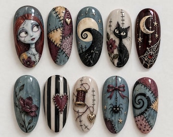 Ongles à coller inspirés de Sally / Ongles gothiques patchwork / Chat noir / Colline en spirale / Fleurs bordeaux / Ongles d'Halloween / Nail art fait main